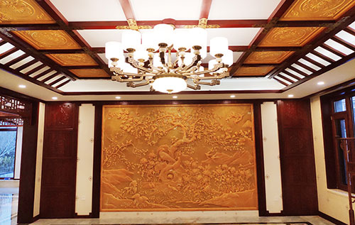 甘南中式别墅客厅中式木作横梁吊顶装饰展示