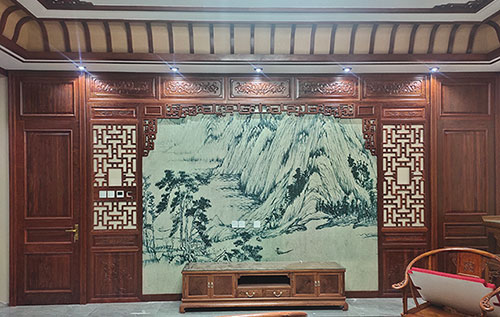 甘南中式仿古别墅客厅背景墙花格木作装饰